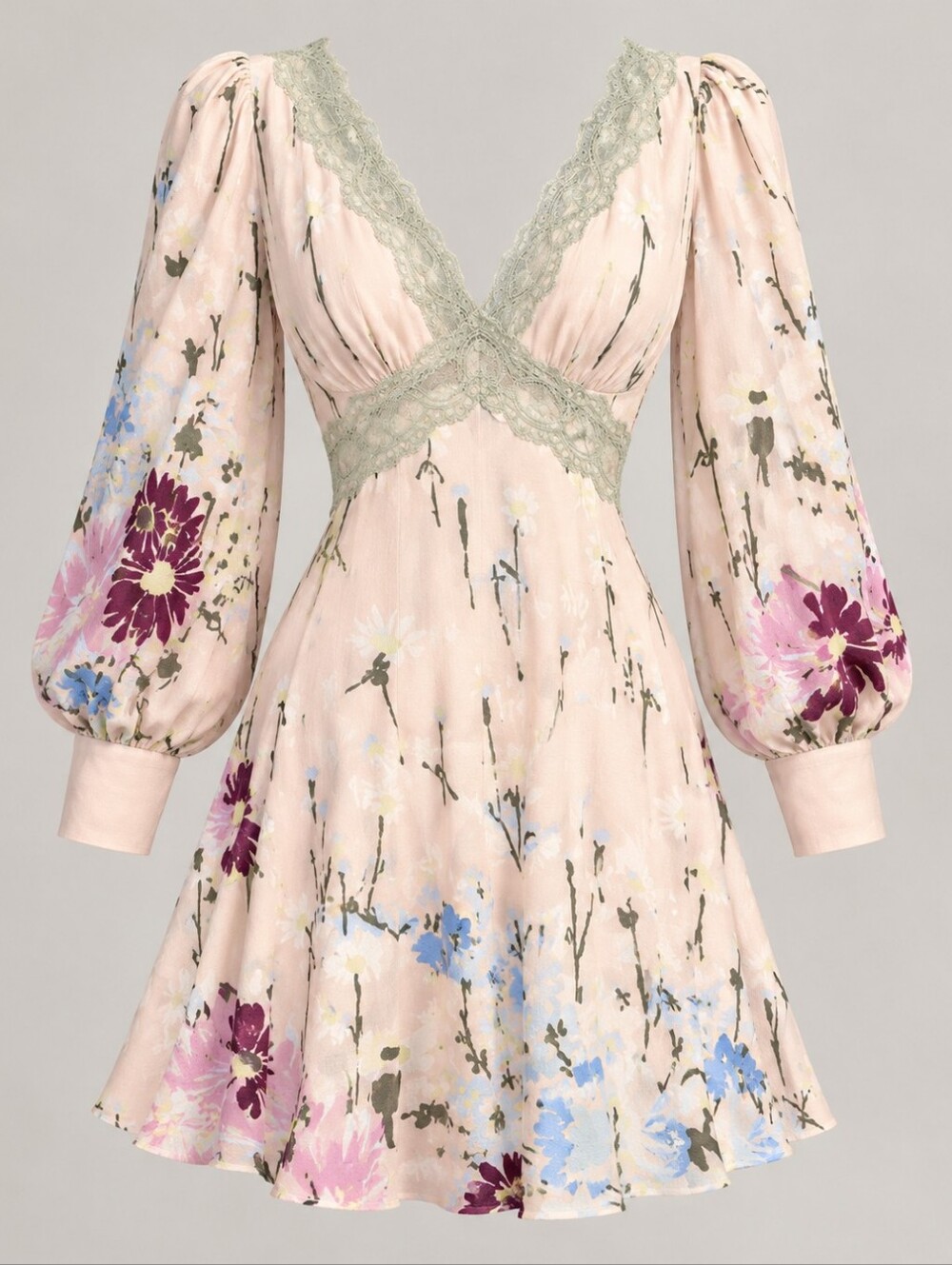RED Valentino Pink Floral Lace-Trim Long-Sleeve Mini Dress